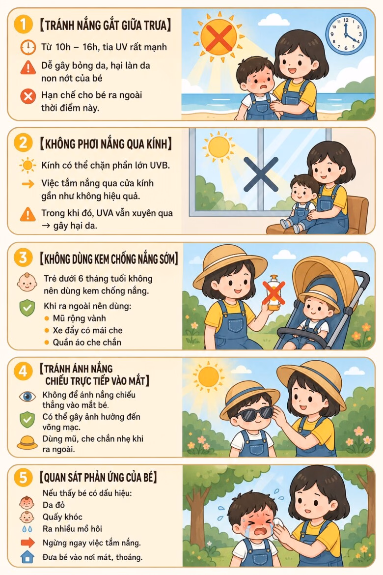 Cho trẻ tiếp xúc ánh nắng ở nơi thoáng khí thay vì qua kính