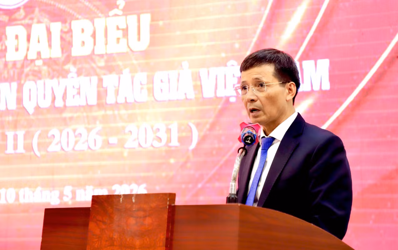 Ông Bùi Nguyên Hùng, Chủ tịch Hiệp hội tại Đại hội Đại biểu Hiệp hội Sáng tạo và Bản quyền. (Ảnh: Xuân Trường)