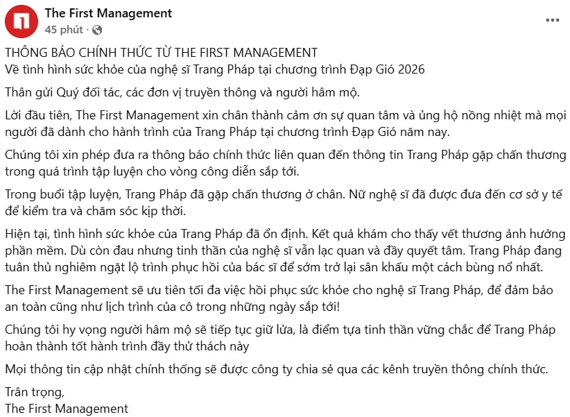 Thông báo từ công ty quản lý của Trang Pháp về tình trạng chấn thương